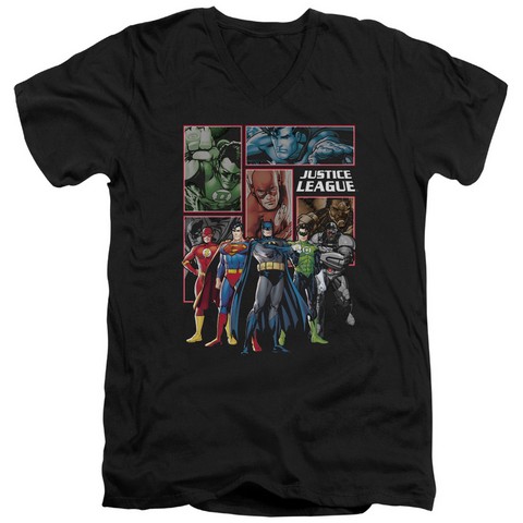 Jla-New Jla Panels Short Sleeve Adult V-Neck 30-1 Tee- Black - Large