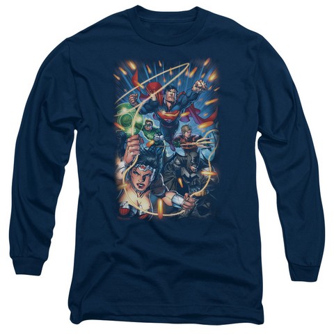 Jla-Under Attack Long Sleeve Adult 18-1 Tee- Navy - 2X