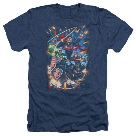 Jla-Under Attack Adult Heather Tee- Navy - XL