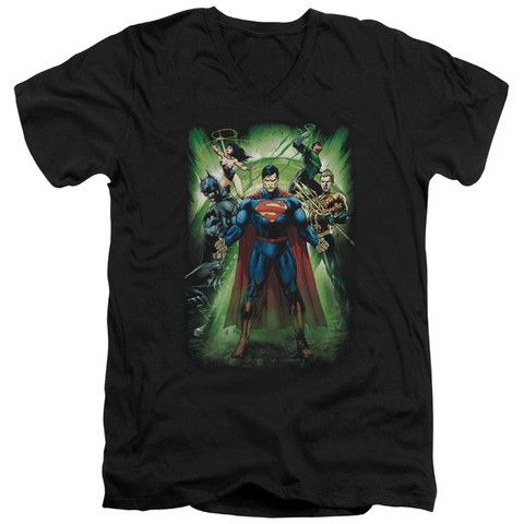 Jla-Power Burst Short Sleeve Adult V-Neck 30-1 Tee- Black - Large