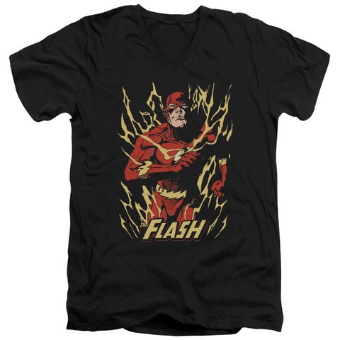 Jla-Flash Flare Short Sleeve Adult V-Neck 30-1 Tee- Black - Medium
