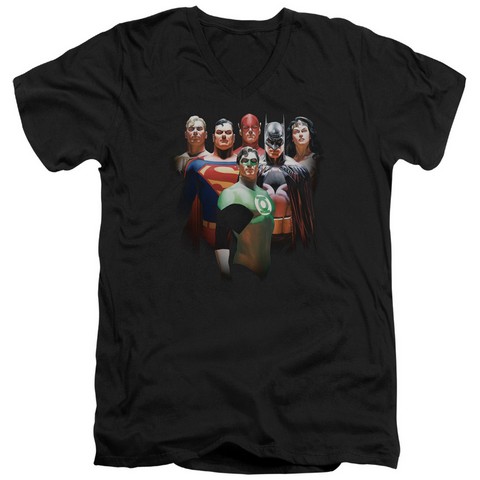 Jla-Roll Call Short Sleeve Adult V-Neck 30-1 Tee- Black - Medium