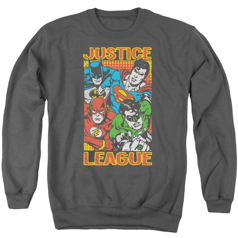 Jla-Hero Mashup Adult Crew Sweat Tee- Charcoal - 3X