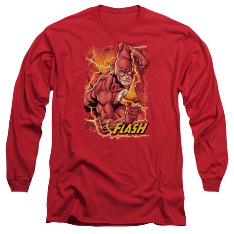 Jla-Flash Lightning Long Sleeve Adult 18-1 Tee- Red - Small