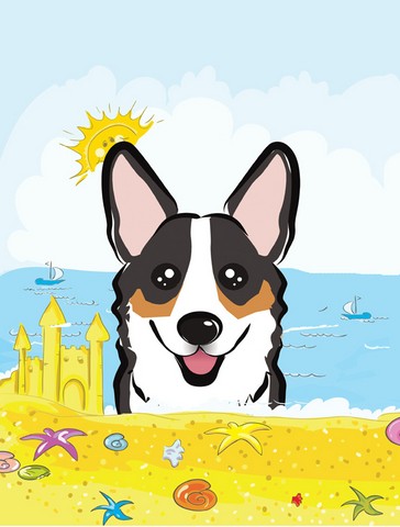 BB2123CHF Tricolor Corgi Summer Beach Canvas House Flag