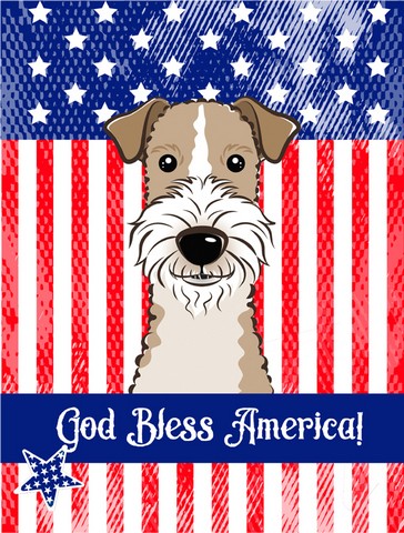 God Bless American Flag with Wire Haired Fox Terrier Canvas House Flag