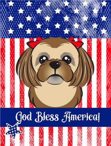 God Bless American Flag with Chocolate Brown Shih Tzu Canvas House Flag