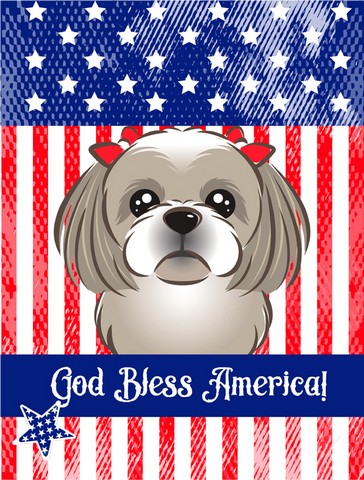 God Bless American Flag with Gray Silver Shih Tzu Canvas House Flag
