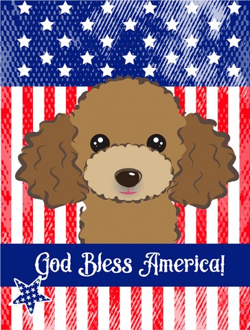 God Bless American Flag with Chocolate Brown Poodle Canvas House Flag