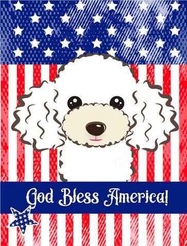 God Bless American Flag with White Poodle Canvas House Flag