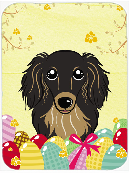 Picture of Carolines Treasures BB1895LCB Longhair Black and Tan Dachshund Easter Egg Hunt Glass Cutting Board- Large