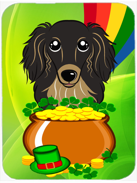 Longhair Black and Tan Dachshund St. Patricks Day Glass Cutting Board- - Large