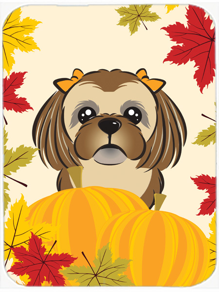 Picture of Carolines Treasures BB2055LCB Chocolate Brown Shih Tzu Thanksgiving Glass Cutting Board- Large