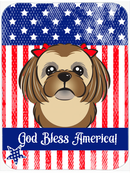 Picture of Carolines Treasures BB2179LCB God Bless American Flag with Chocolate Brown Shih Tzu Glass Cutting Board- Large