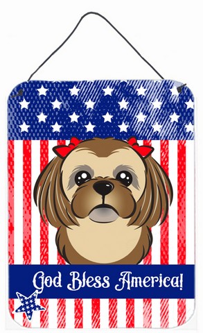 BB2179DS1216 God Bless American Flag with Chocolate Brown Shih Tzu Wall or Door Hanging Prints