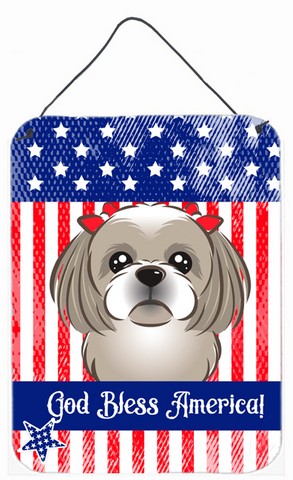 BB2180DS1216 God Bless American Flag with Gray Silver Shih Tzu Wall or Door Hanging Prints