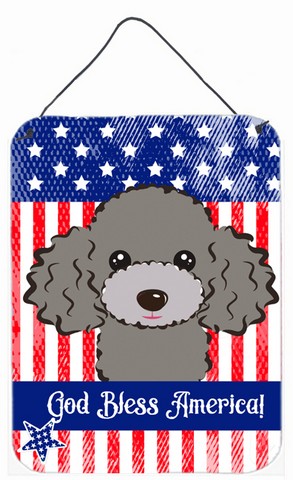 BB2189DS1216 God Bless American Flag with Silver Gray Poodle Wall or Door Hanging Prints