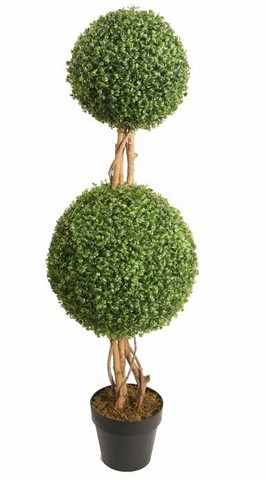 48 in. Potted Artificial Two Tone Green Double Ball Shaped Boxwood Topiary Garden Decoration
