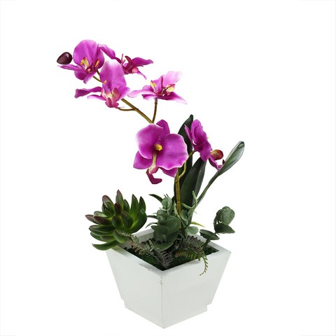 12 in. Artificial Pink Orchid with Red & Green Succulent Plants in a Decorative Square White Pot
