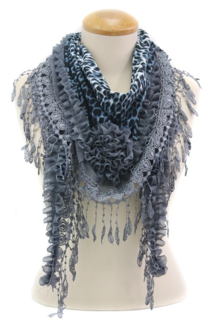 Picture of Memories MSF215-7-04 Leopard Pring Triangle Scarf with Tassel Trim- Grey
