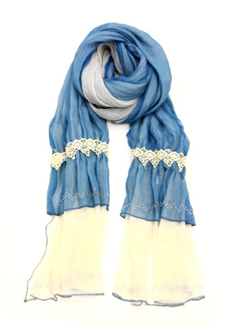 Picture of Memories MSF379-3-01 Luxurious Double Layer Scarf with Rhinestones & Lace Trim- White & Blue