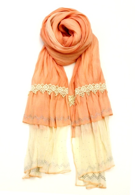 Picture of Memories MSF379-3-02 Luxurious Double Layer Scarf with Rhinestones & Lace Trim- White & Orange