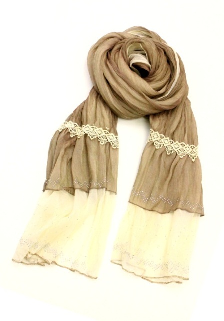 Picture of Memories MSF379-3-03 Luxurious Double Layer Scarf with Rhinestones & Lace Trim- White & Brown