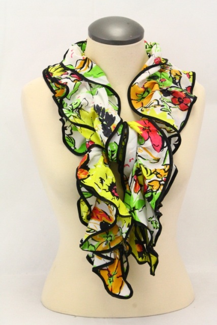 Picture of Memories MSF388-9-05 Bold Ruffled Scarf with Abstract Floral Design & Bound Contrast Edge- Yellow & Lite Green