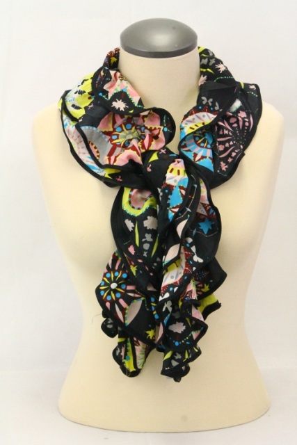 Picture of Memories MSF388-9-07 Bold Ruffled Scarf with Abstract Floral Design & Bound Contrast Edge- Black