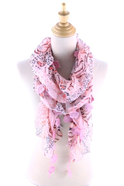 Picture of Memories QH-173-5-05 Leopard Ruffle Scarf with Flower Frince- Pink & Peach