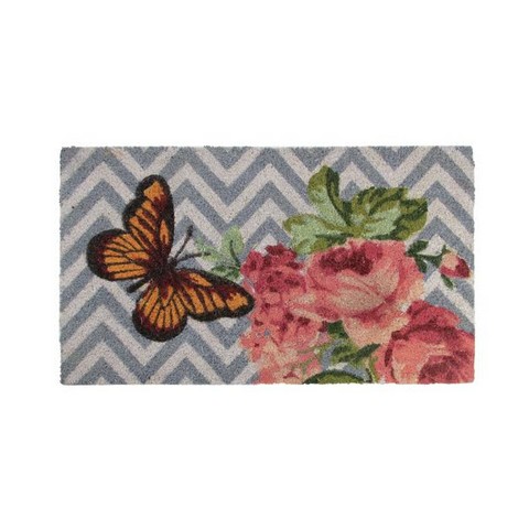Decorative Multi-Color Rose & Butterfly Spring Coir Outdoor Rectangular Door Mat- 29.5 x 17.75 in.