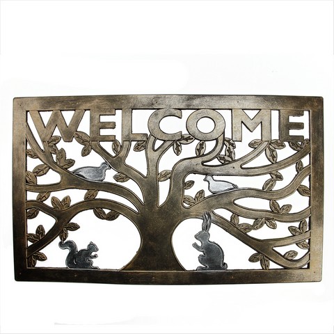Decorative Bronze & Silver Welcome Outdoor Rectangular Rubber Door Mat- 30 x 18 in.