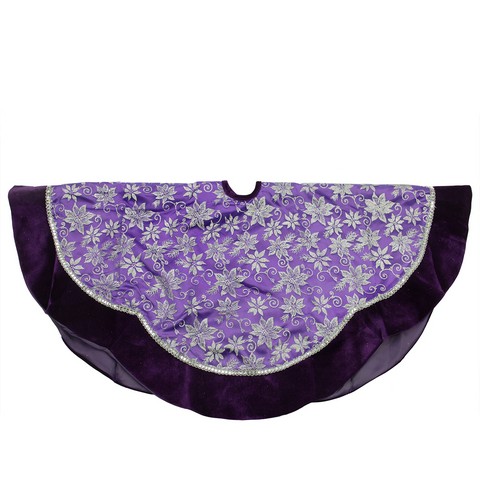 48 in. Purple & Silver Glittered Floral Christmas Tree Skirt with Velveteen Trim