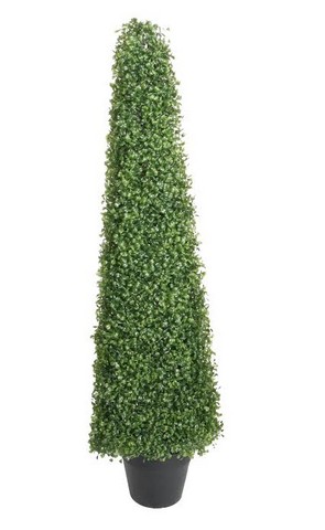 45 in. Potted Artificial Two Tone Green Triangular Boxwood Topiary Garden Decoration