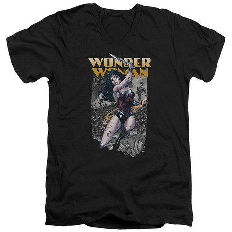Jla-Wonder Slice Short Sleeve Adult V-Neck 30-1 Tee- Black - Large