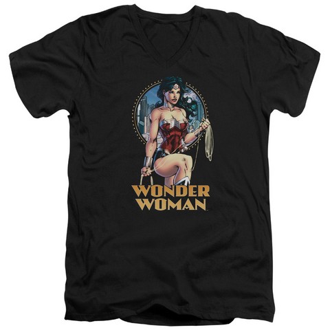 Jla-City Warrior Short Sleeve Adult V-Neck 30-1 Tee- Black - Large