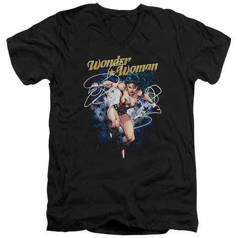 Jla-Starburst Short Sleeve Adult V-Neck 30-1 Tee- Black - Medium