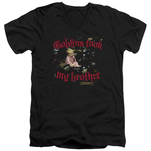 Labyrinth-Goblins Took My Brother Short Sleeve Adult V-Neck 30-1 Tee- Black - Large