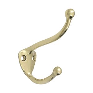 CAHH3U3-UNL Coat & Hat Hook, Unlacquered Bright Brass - Solid Brass