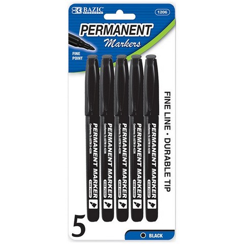 Picture of Bazic 1206  Black Fine Tip Permanent Markers w/ Pocket Clip (5/Pack) Pack of 24
