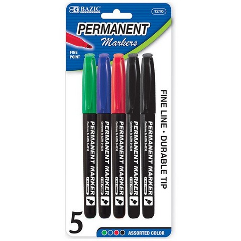 Picture of Bazic 1210    Asst. Color Fine Tip Permanent Markers w/ Pocket Clip (5/Pack) Case of 24 