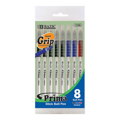 Picture of Bazic 1738  Prima Assorted Color Stick Pen w/ Cushion Grip (8/Pack) Pack of 24