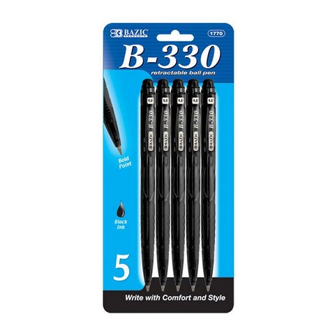 Picture of Bazic 1770   BAZIC B-330 Black Color Retractable Pen (5/Pack) Pack of 24