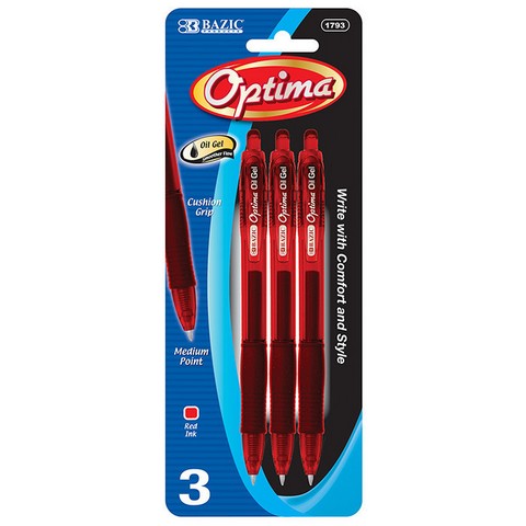 Bazic 1793 Optima Red Oil-Gel Ink Retractable Pen with Grip  Pack of 3 Pack of 24