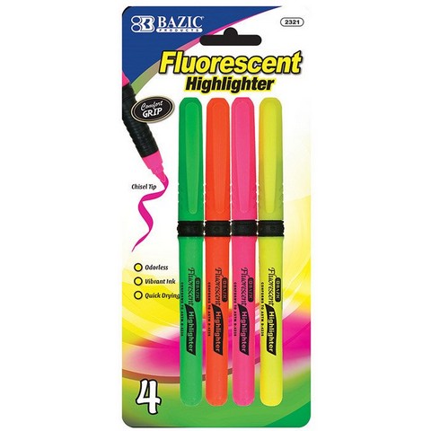 Picture of Bazic 2321  Pen Style Fluorescent Highlighters w/ Cushion Grip (4/Pack) Pack of 24