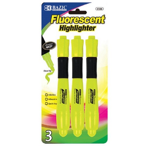 Picture of Bazic 2326  Yellow Desk Style Fluorescent Highlighters w/ Cushion Grip (3/Pack) Pack of 24