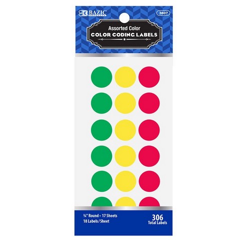 Bazic 3807  Assorted Color 3/4" Round Label (306/Pack) Pack of 24