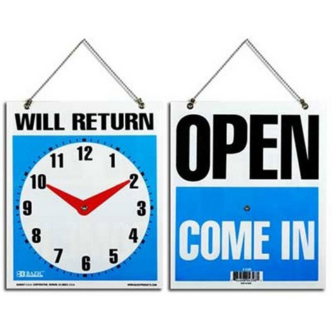 Picture of Bazic 4398  7.5&quot; X 9&quot; &quot;WILL RETURN&quot; Clock Sign w/ &quot;OPEN&quot; sign on back Pack of 24    