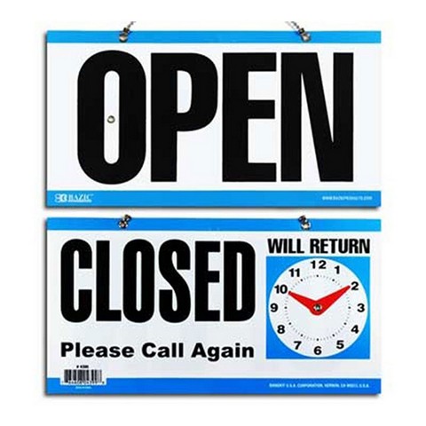 Picture of Bazic 4399    6&quot; X 11.5&quot; &quot;CLOSED&quot; Clock Sign w/ &quot;OPEN&quot; sign on bacK  Pack of 24  