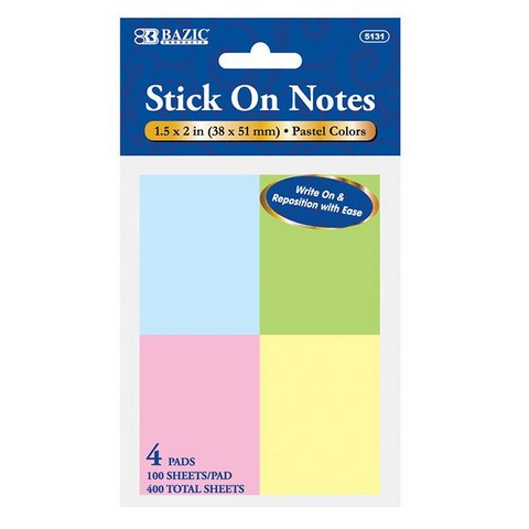 Bazic 5131  100 Ct. 1.5" X 2" Stick On Notes (4/Pack)   Case of 24